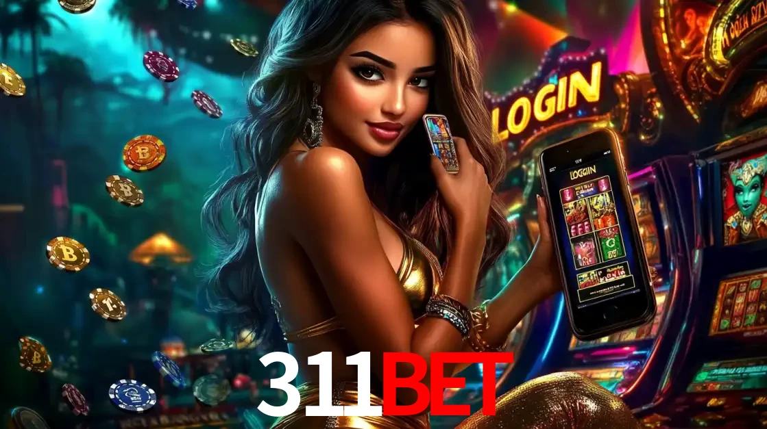 Mulher em um cenário de cassino temático de aventura, mostrando o app de caça-níqueis da 311BET no celular. Fichas de apostas flutuam ao redor.